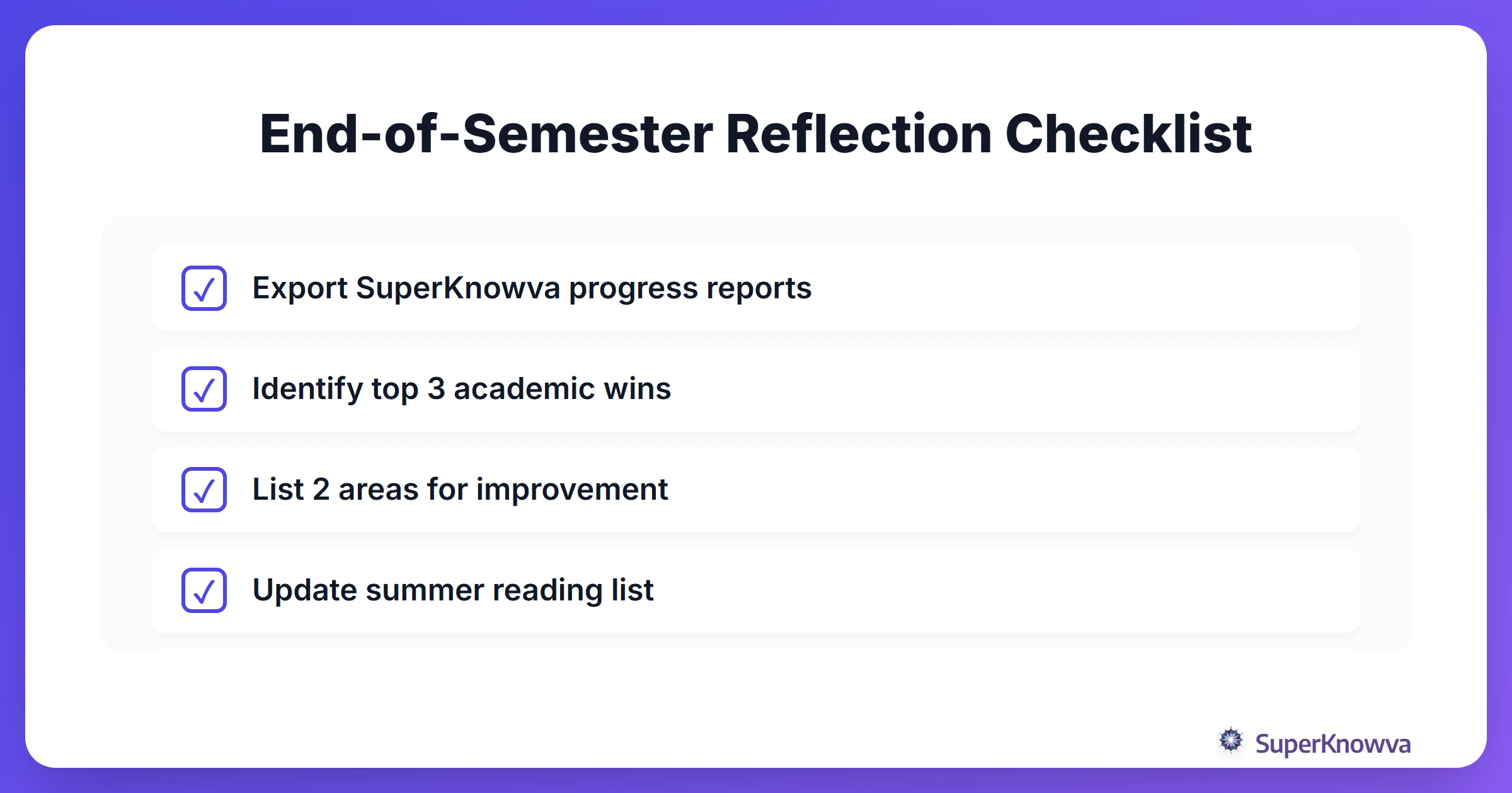 A checklist for students to use during their end-of-semester reflection.