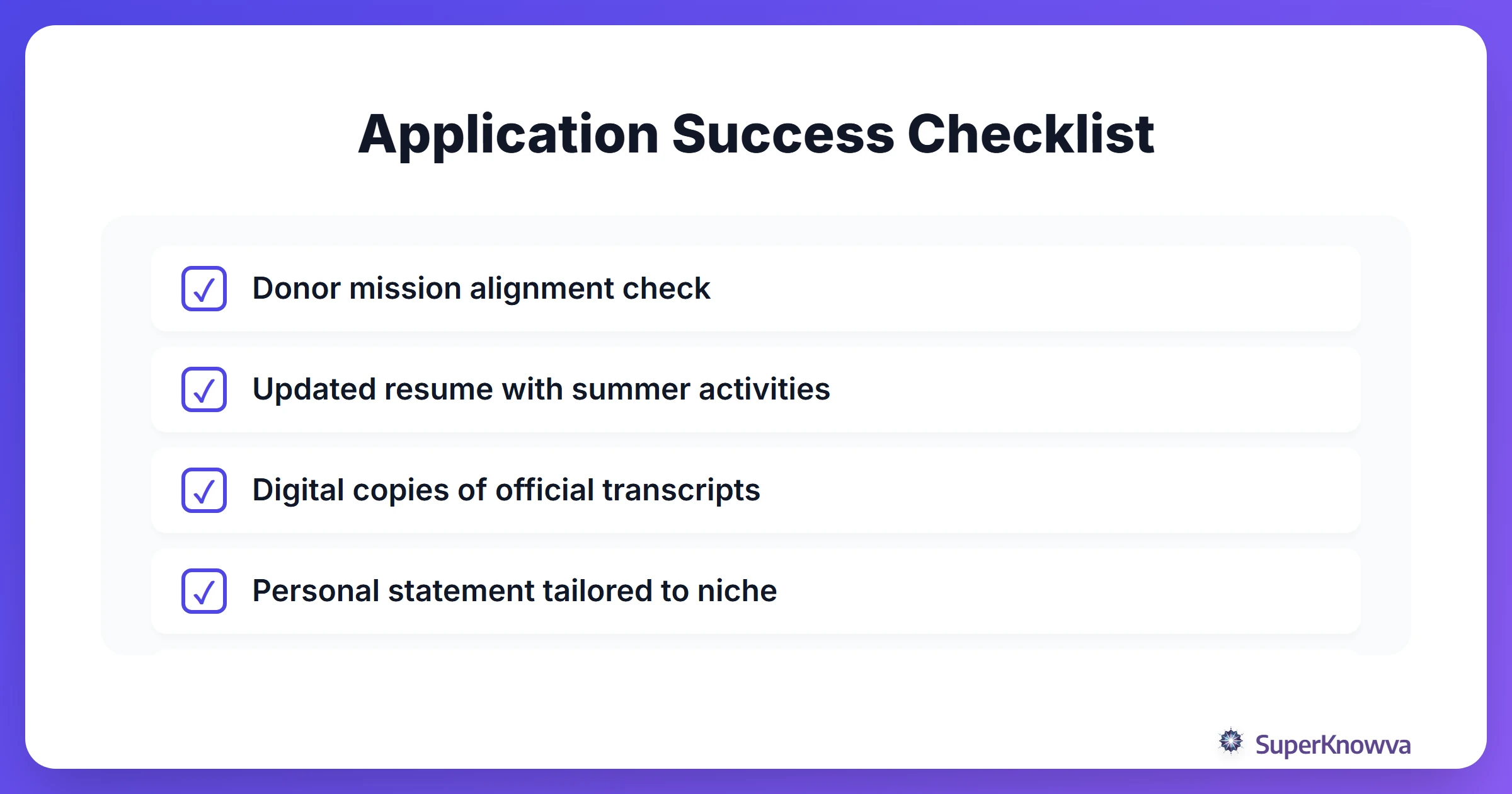 A checklist of items needed for a successful niche scholarship application.