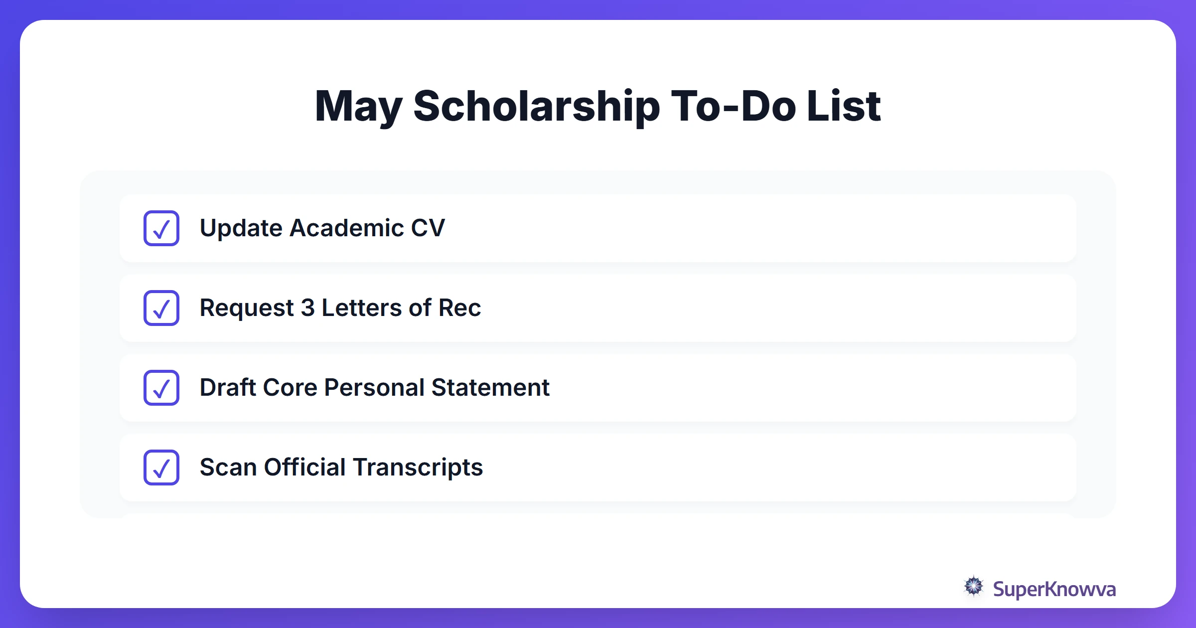 A checklist of items needed for graduate school scholarship applications.