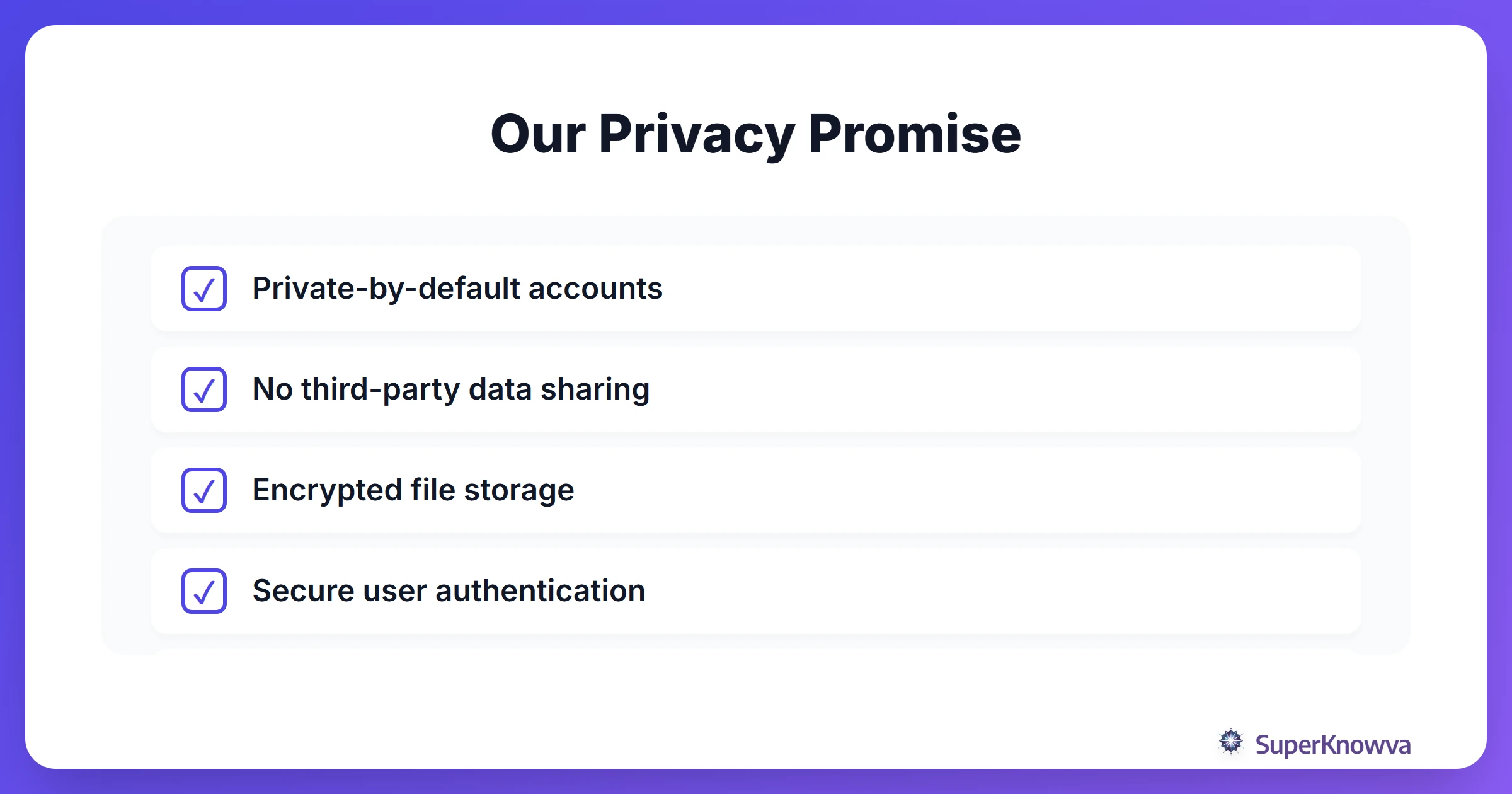 A checklist of SuperKnowva's core privacy features.
