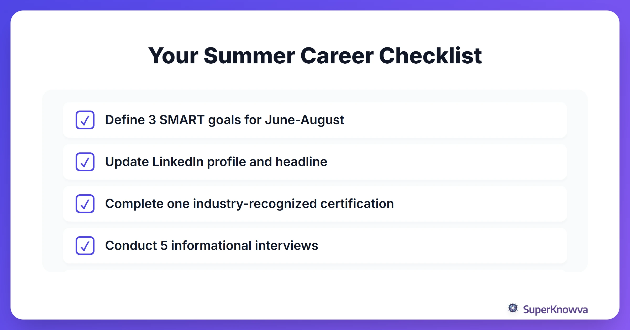 A checklist showing SMART goals for students during the summer break.