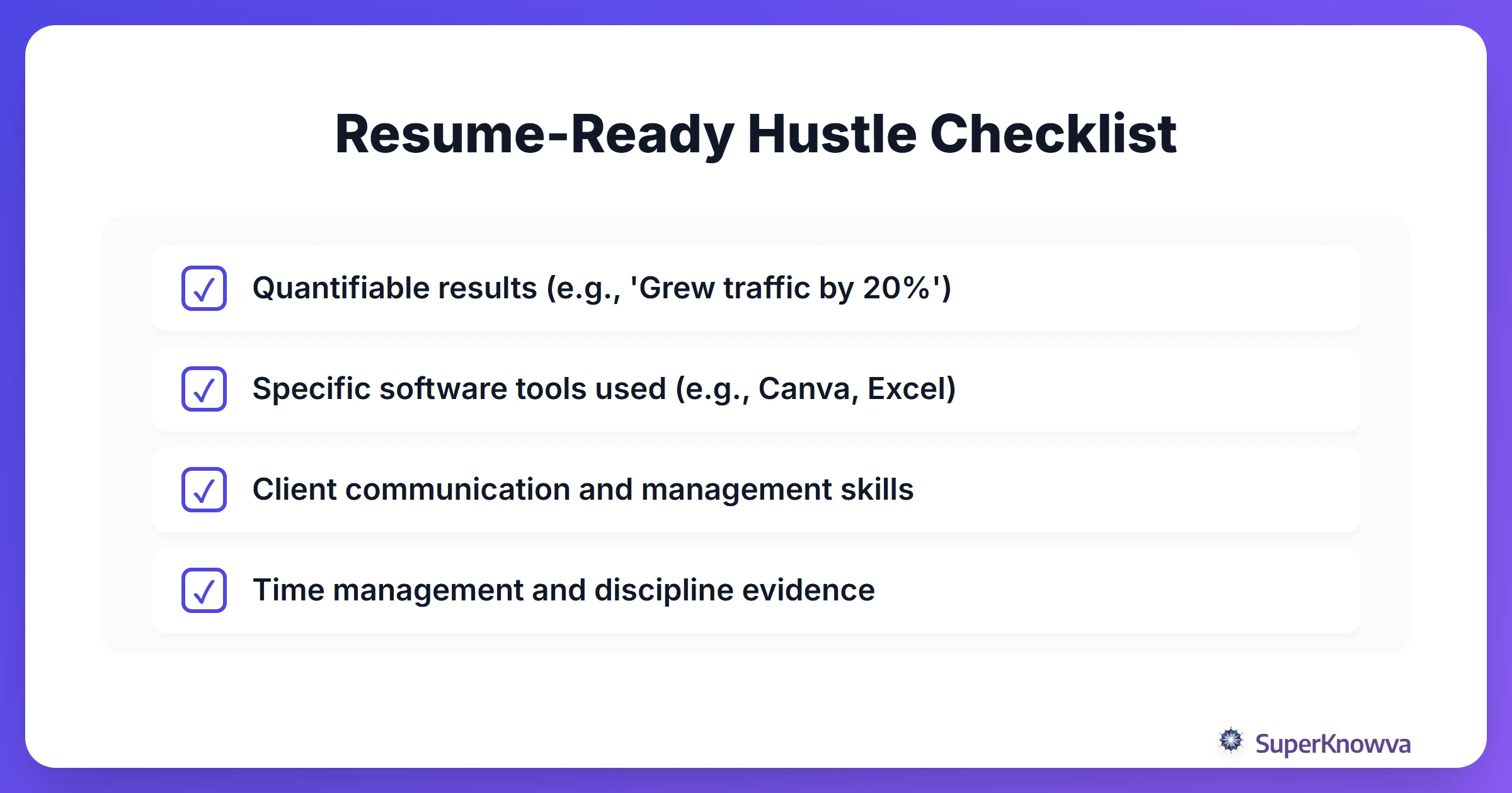 A checklist of items to include on a resume when documenting side hustle experience.