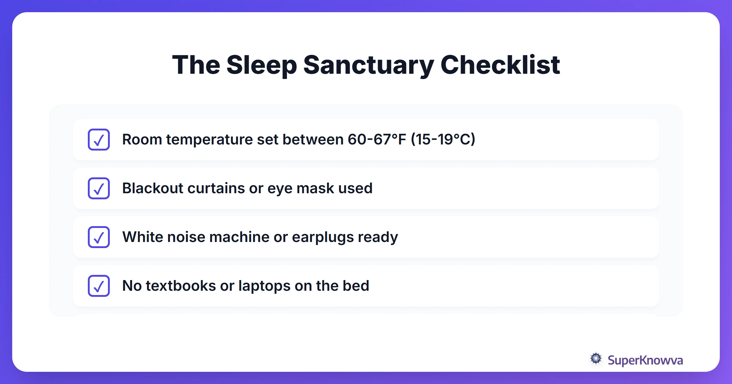 A checklist for optimizing a student's bedroom for sleep.