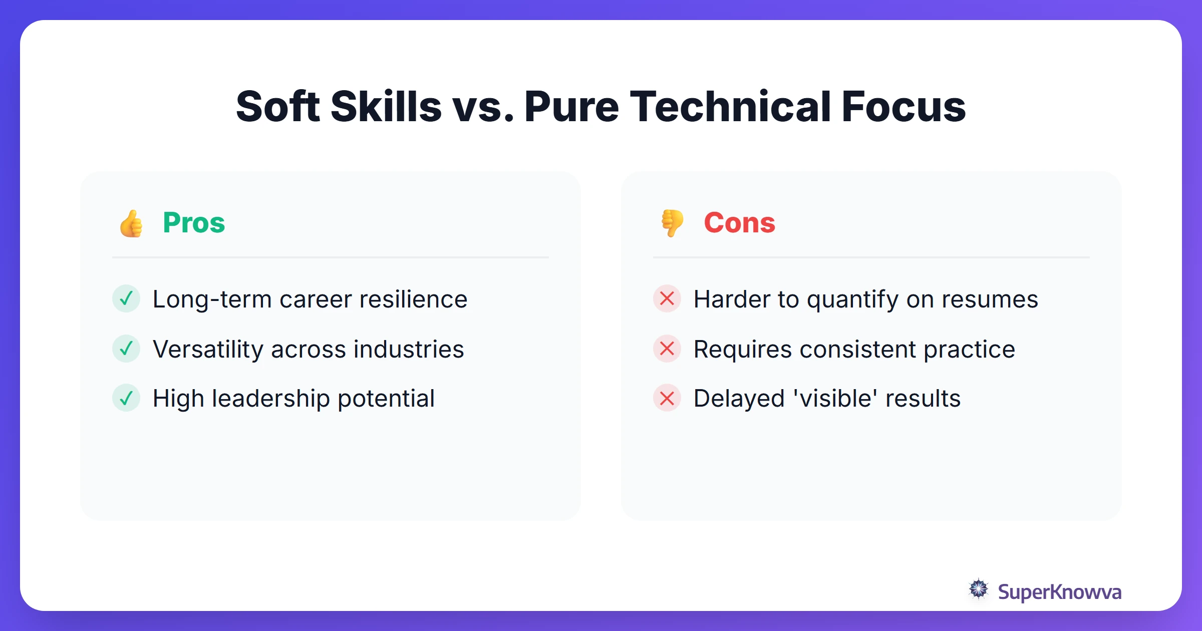 Pros and cons of focusing heavily on soft skills versus technical skills.
