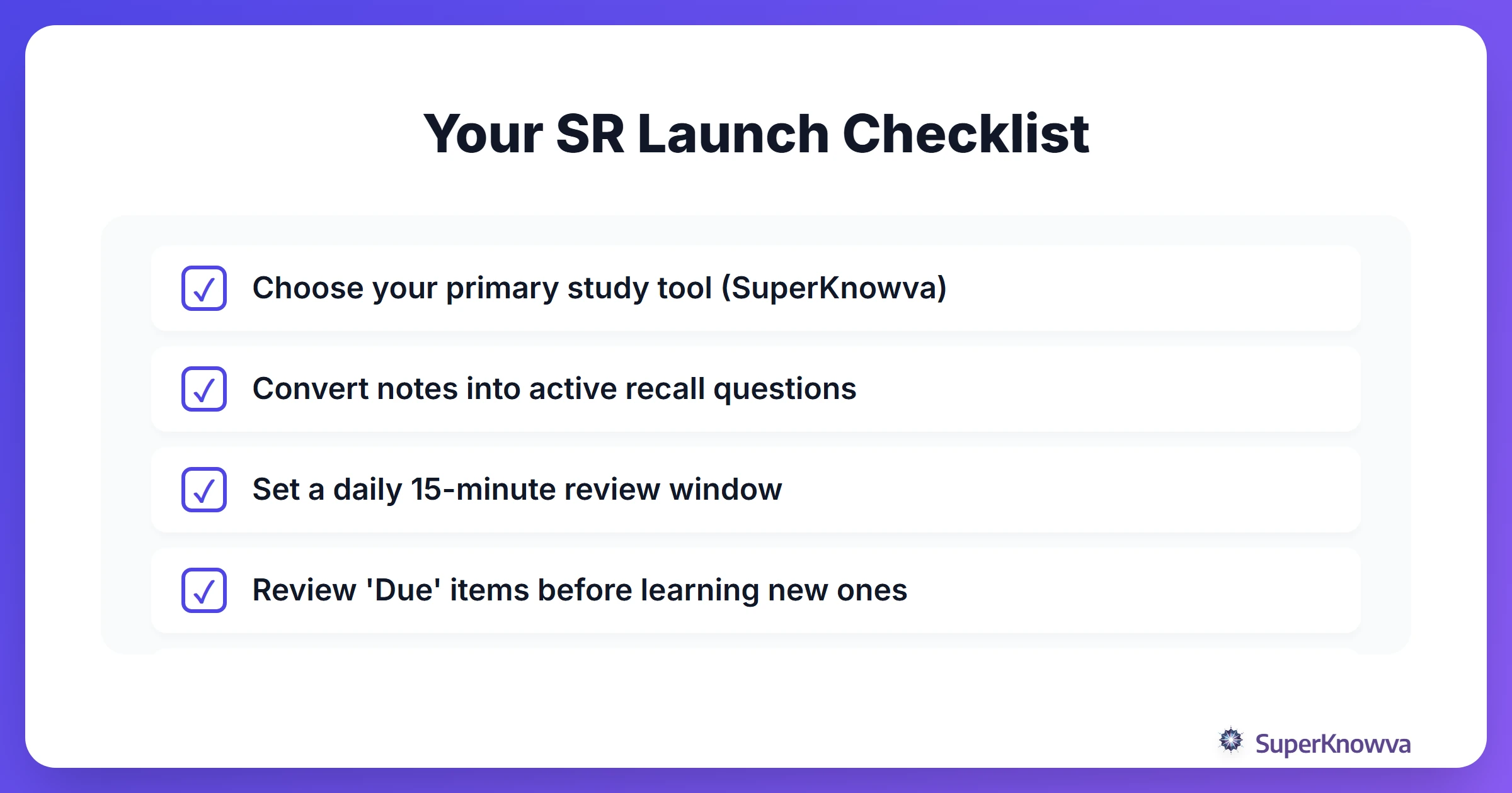 A checklist for students to start their spaced repetition study habit.