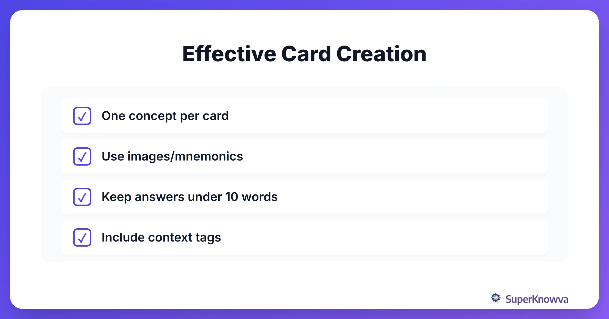 A checklist for creating high-quality flashcards.
