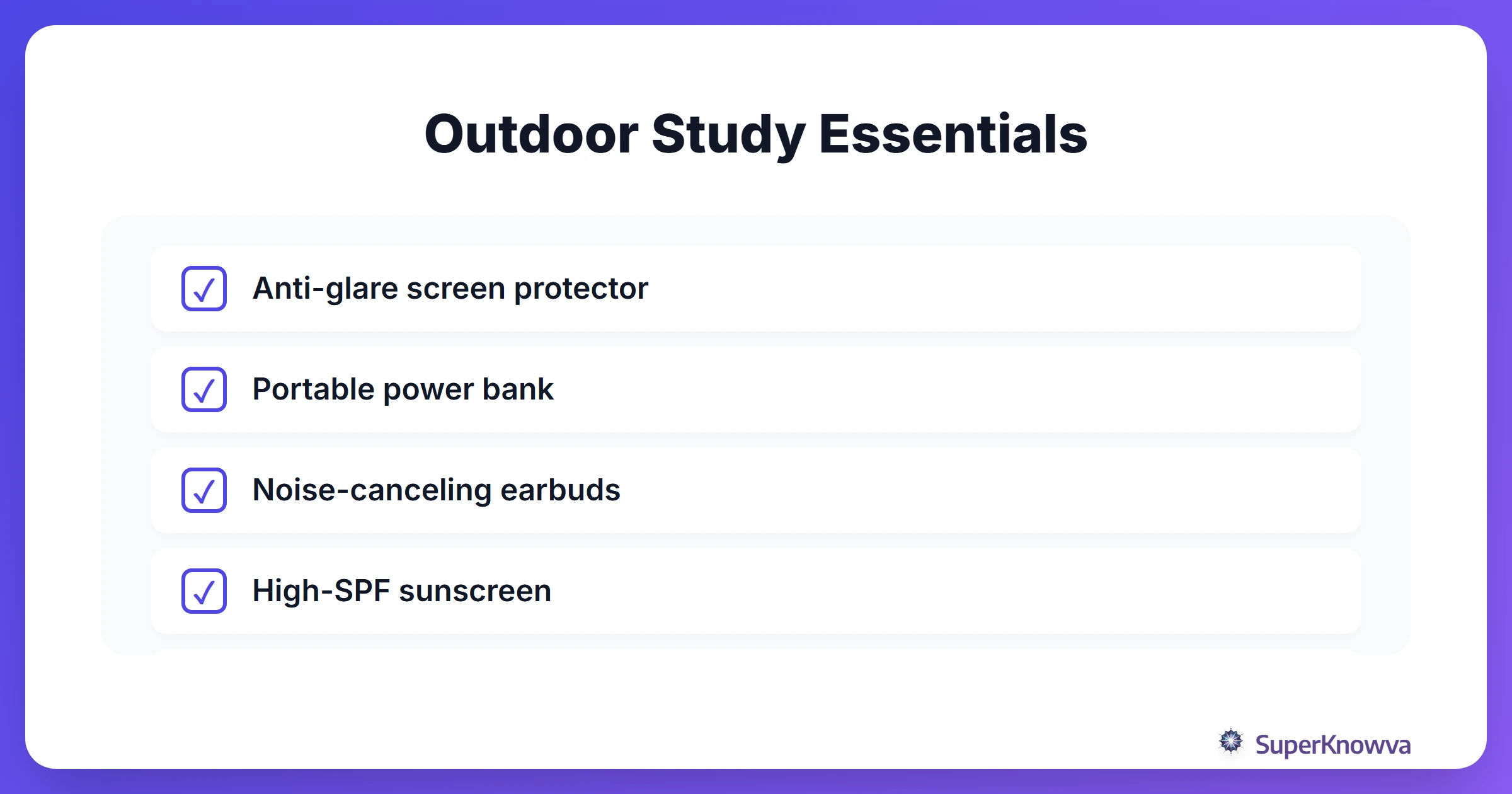 A checklist for students studying outdoors.