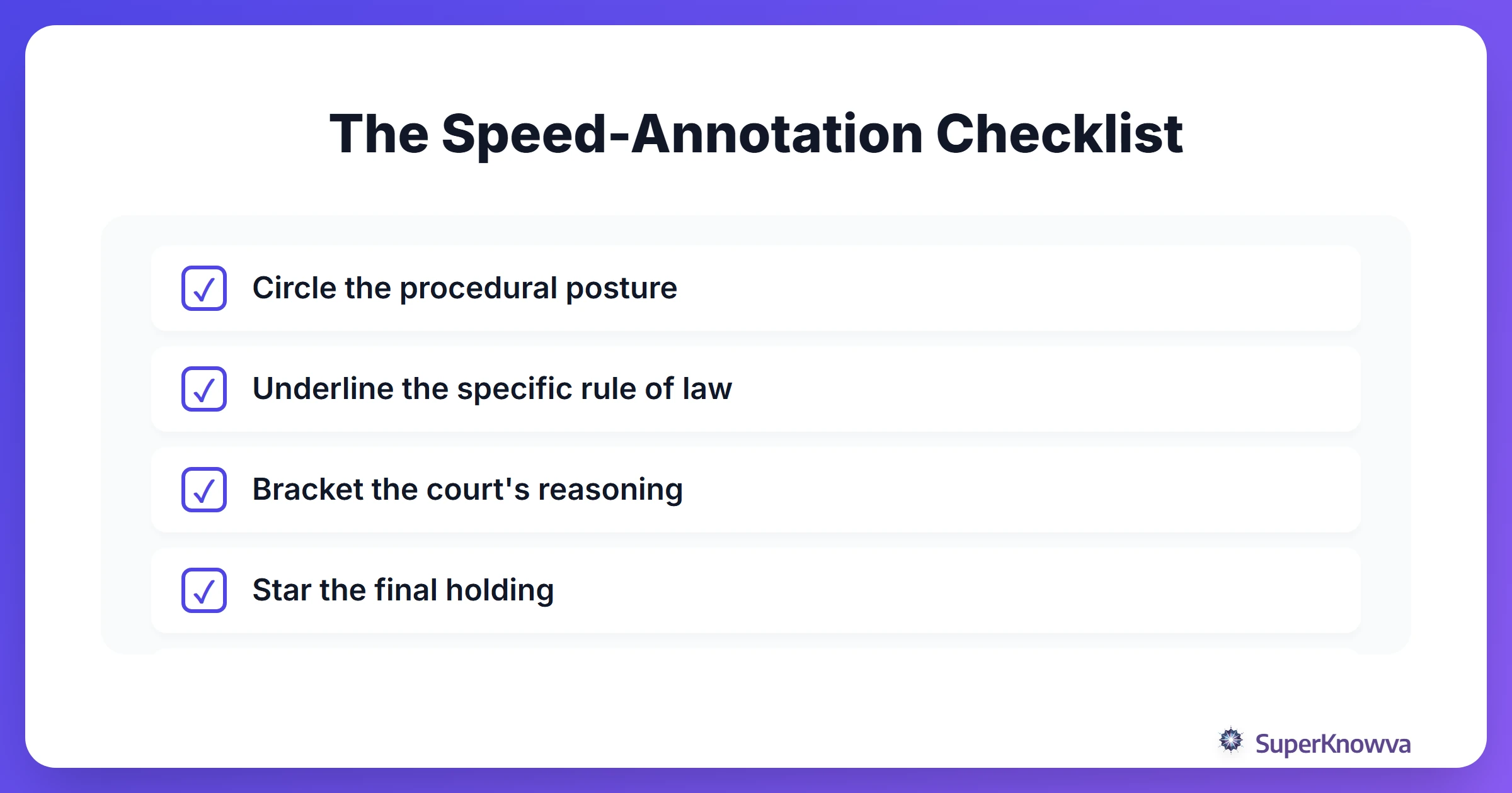 A checklist for active reading and annotating legal casebooks.
