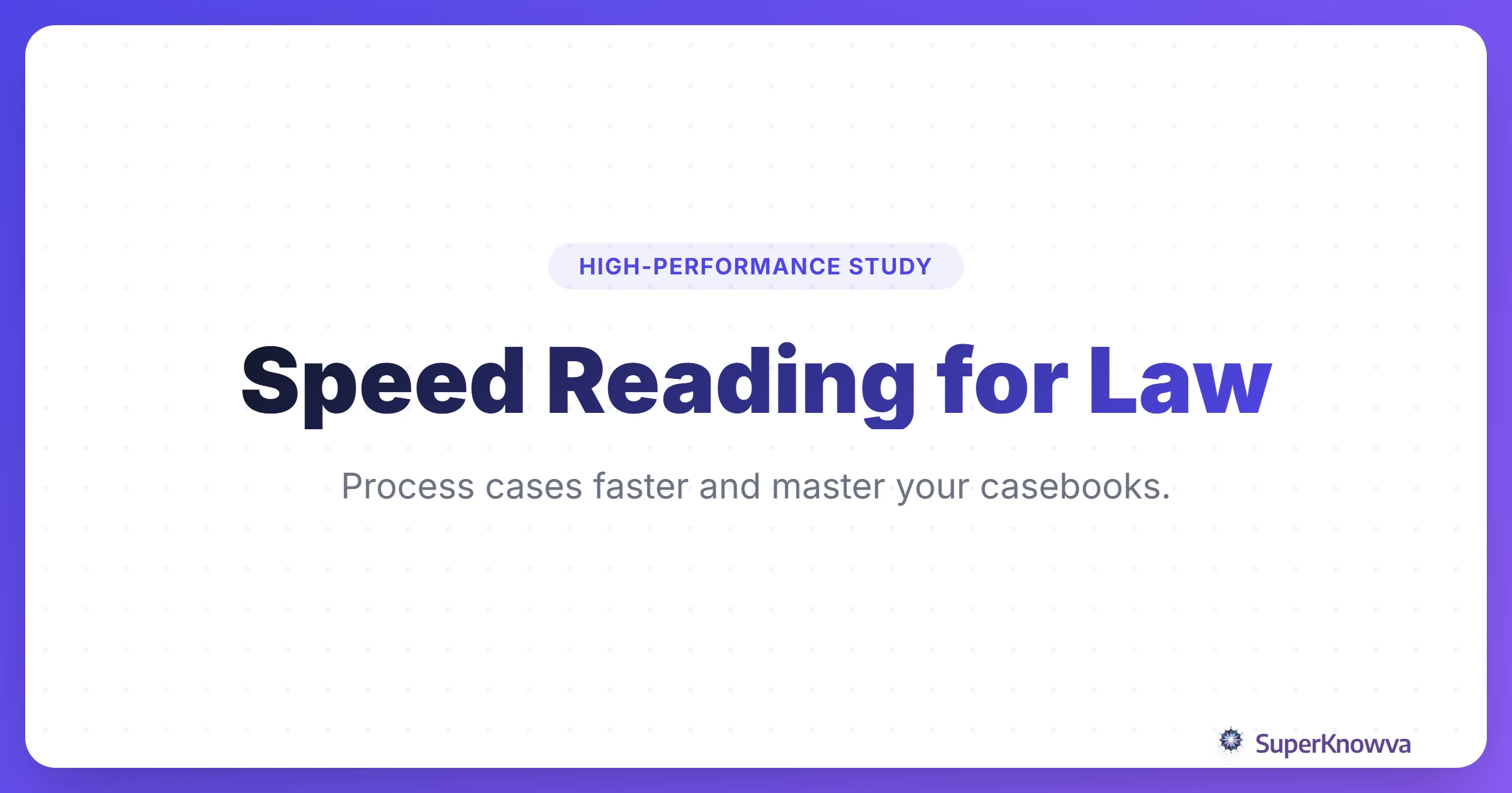A title card for Speed Reading for Law showing a stylized law book and a stopwatch.
