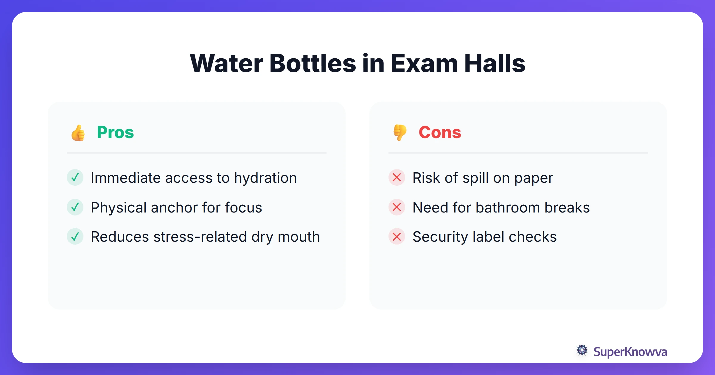 Pros and cons of bringing a water bottle into the exam hall.