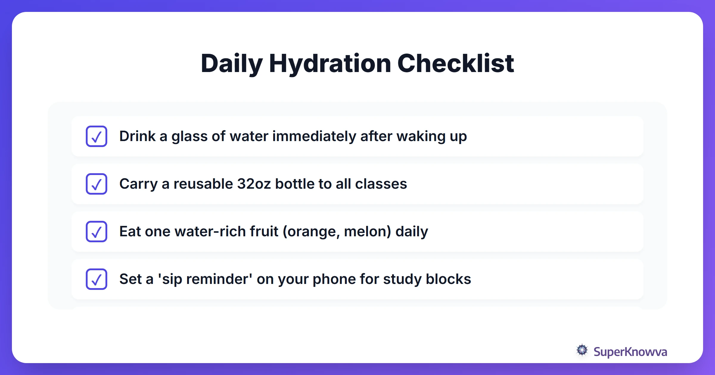 A checklist of daily habits for students to stay hydrated.
