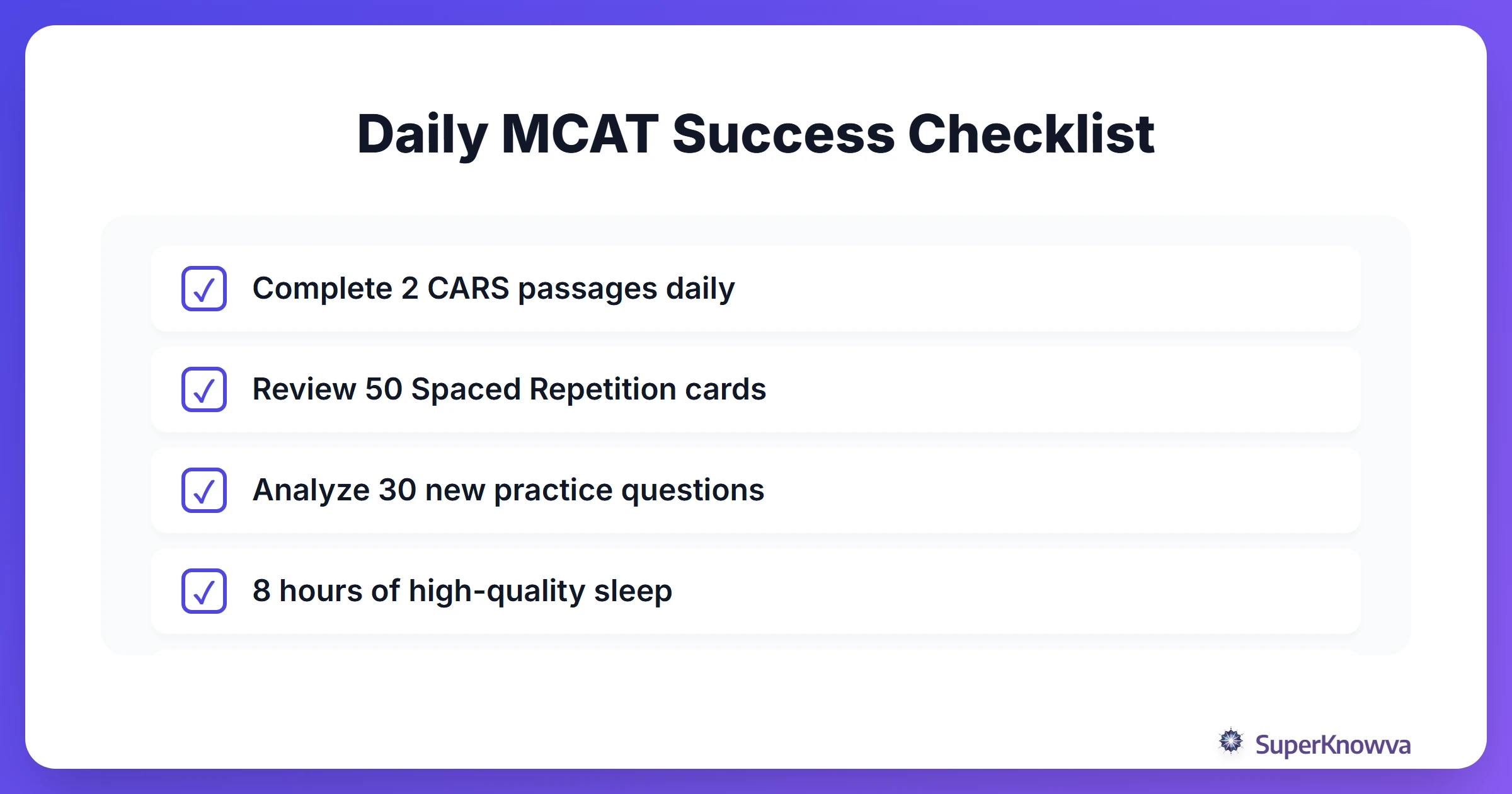 A checklist of daily essentials for a successful summer MCAT student.
