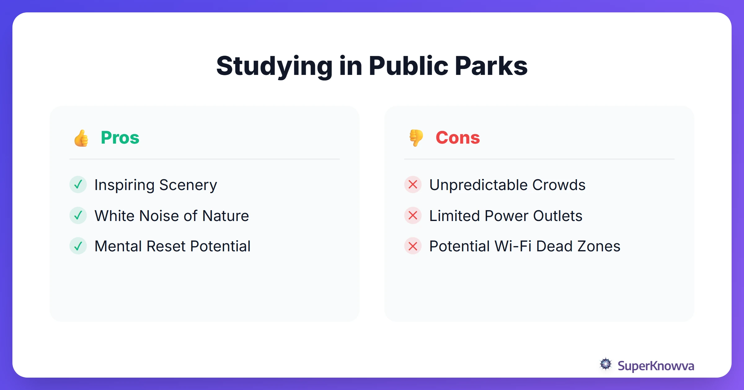 Pros and cons of studying in a public park.