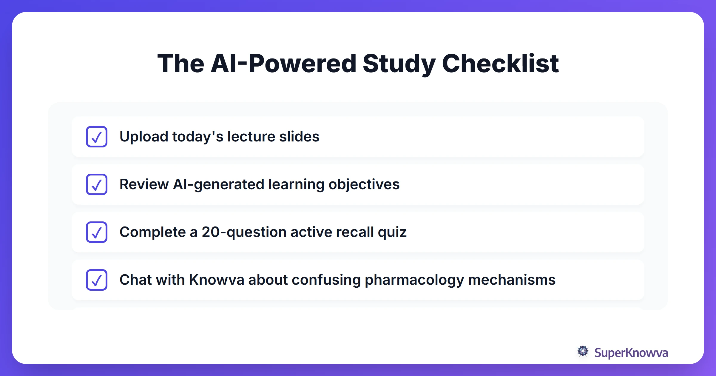 A checklist for a successful medical school study session using AI.