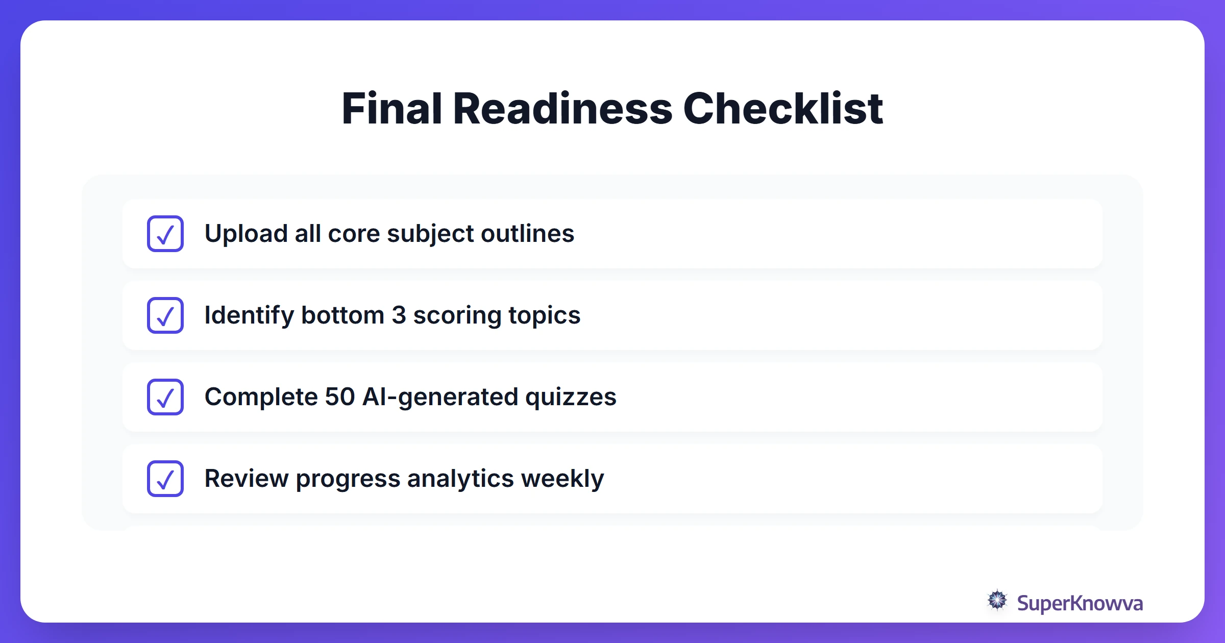 A checklist for bar exam readiness.