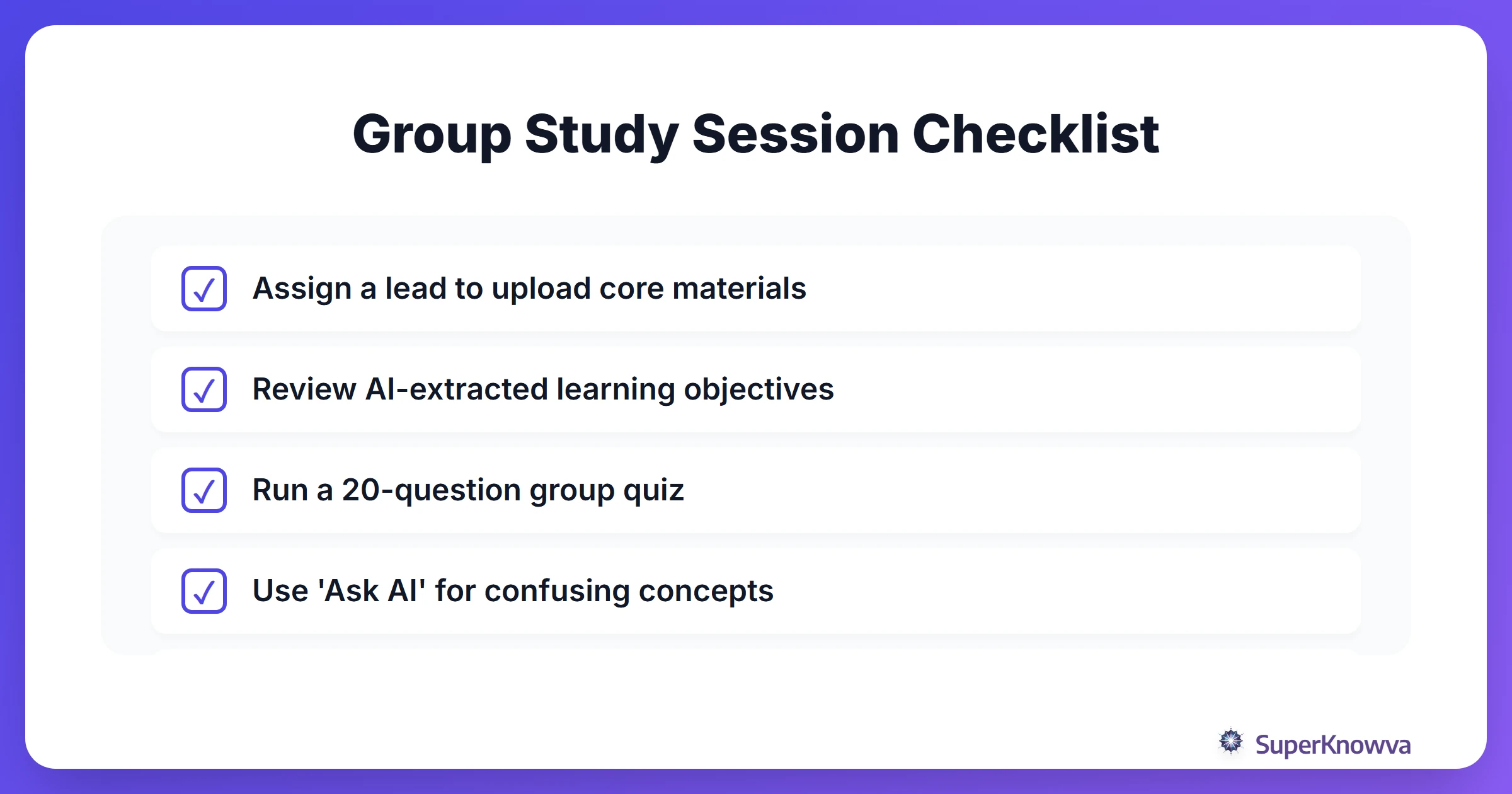 Checklist for a successful AI-powered group study session.
