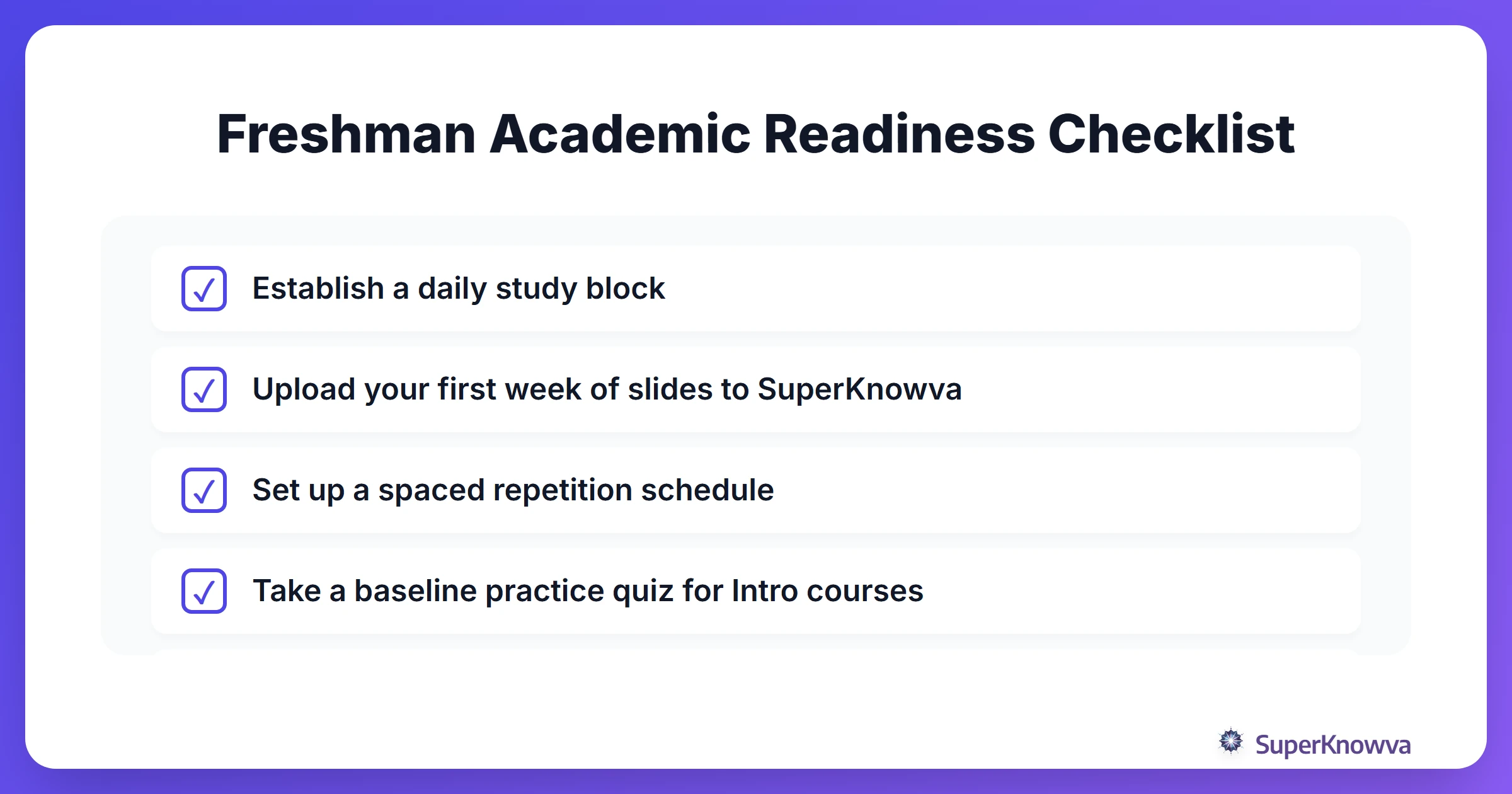 A checklist for high school seniors preparing for college academics.