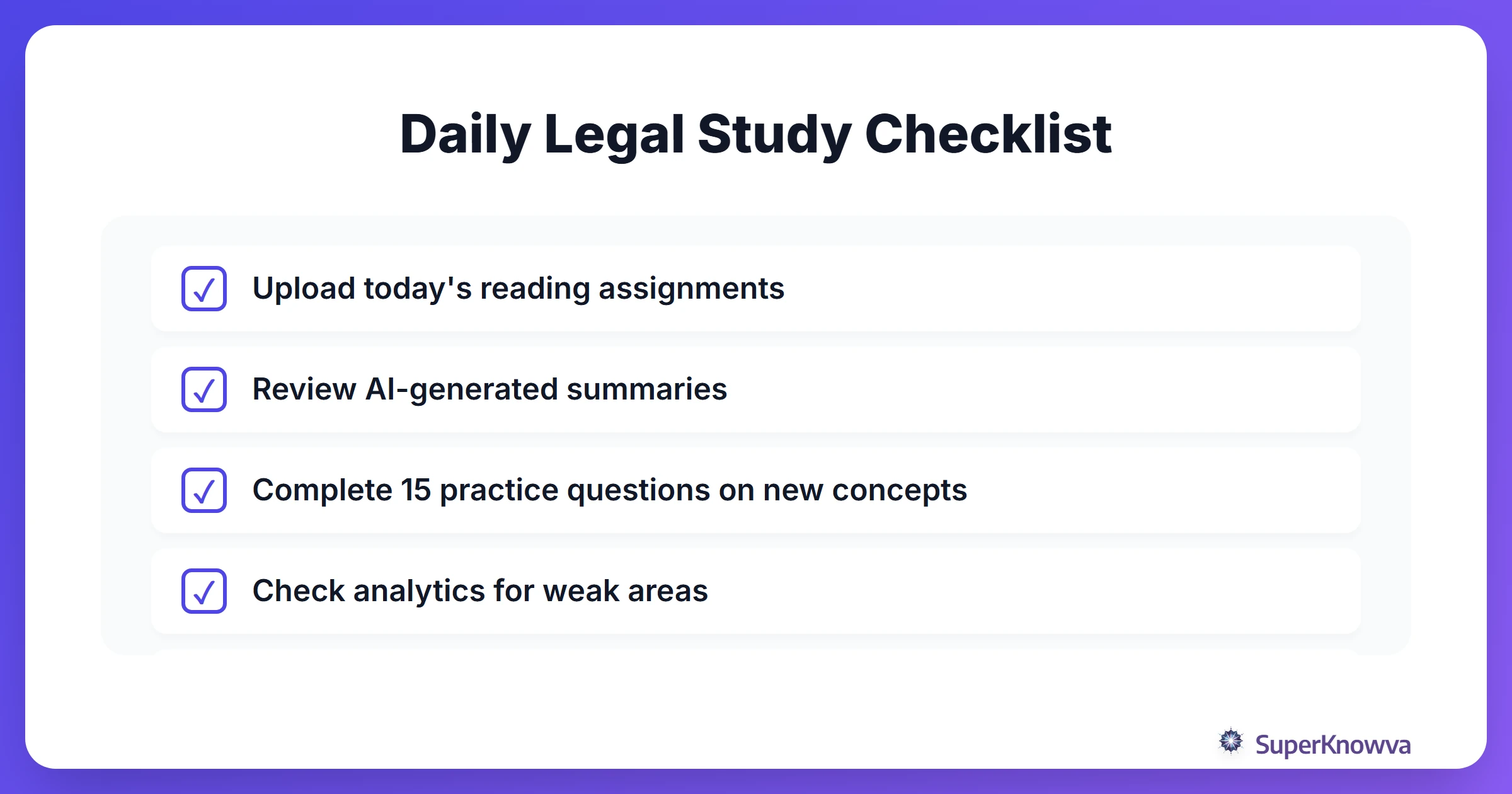 Checklist for an effective AI-powered law study session.