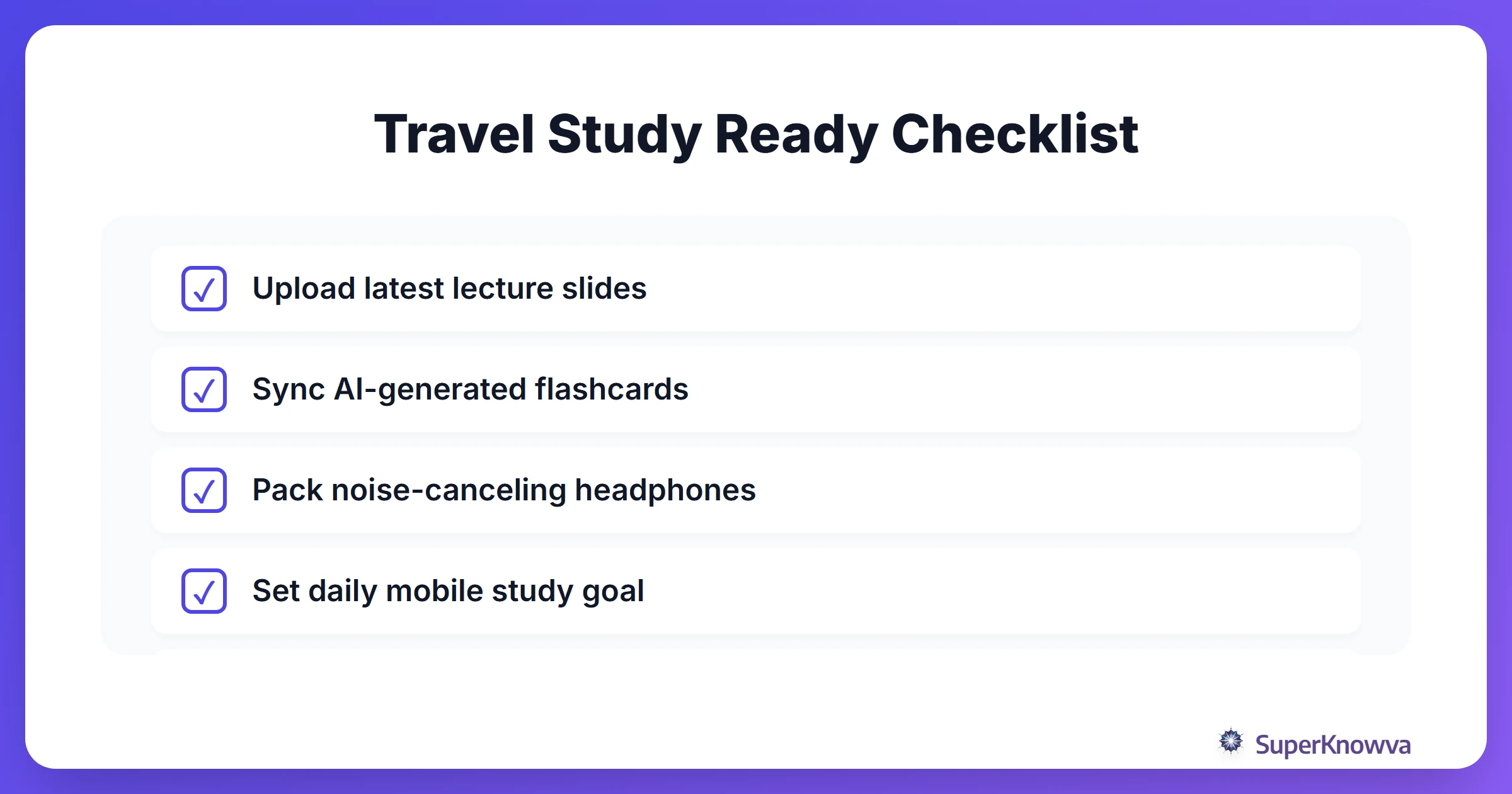 Checklist for preparing a mobile study session for travel.