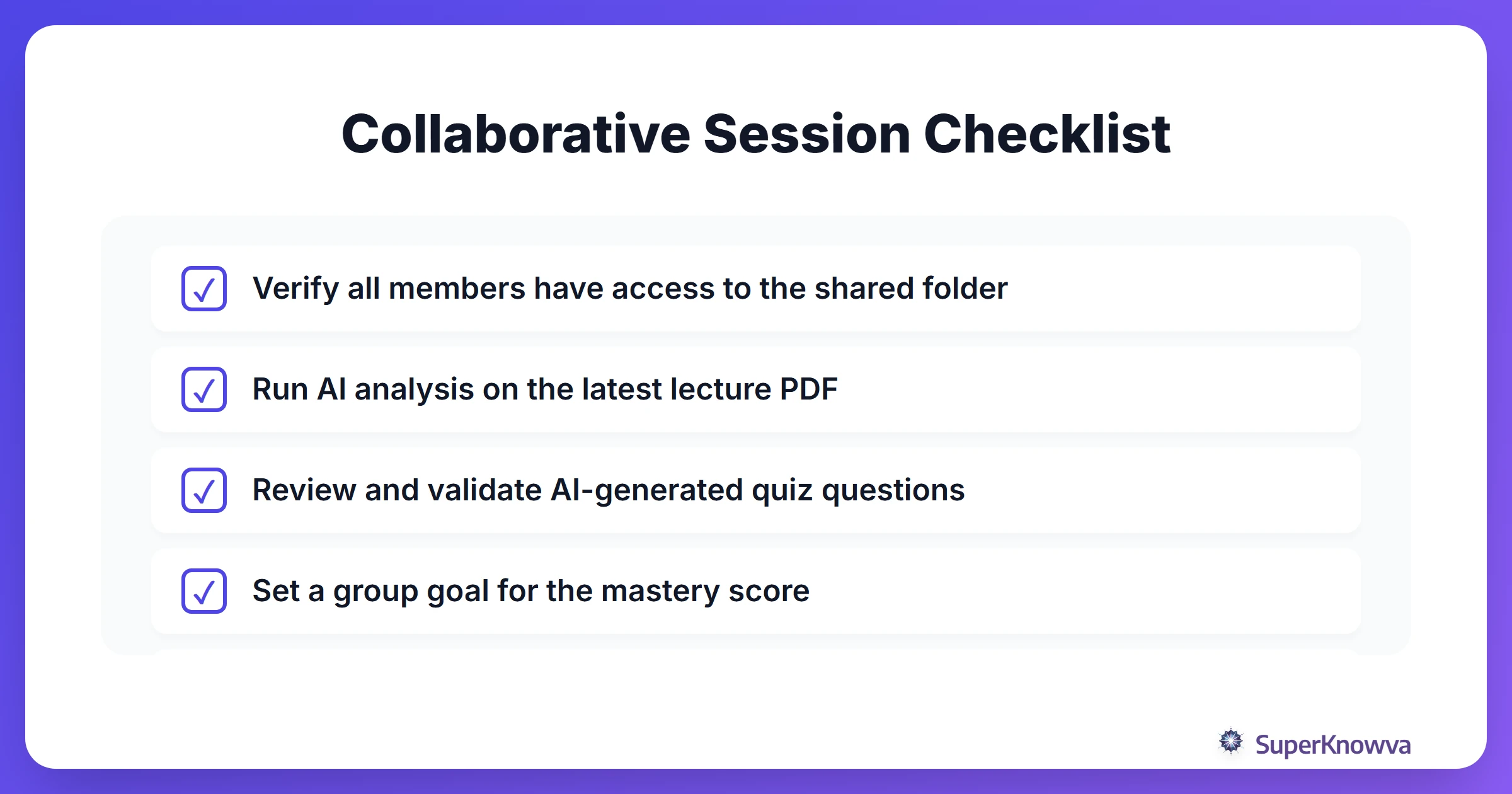 A checklist for a successful collaborative study session.