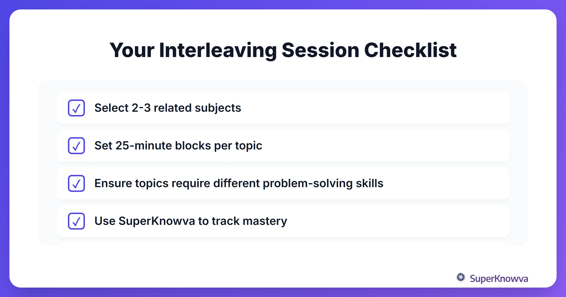 A checklist for setting up an interleaved study session.