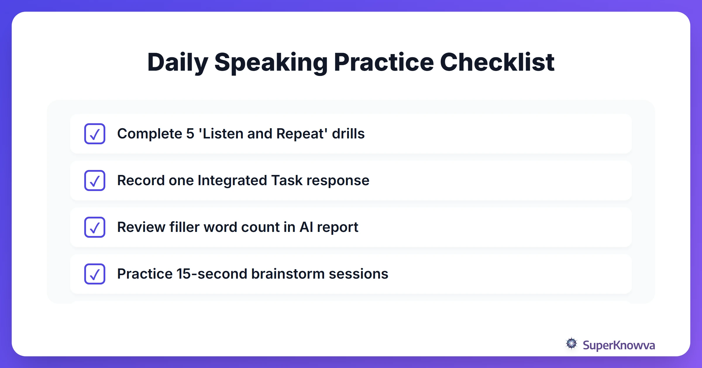 A daily checklist for TOEFL speaking practice.