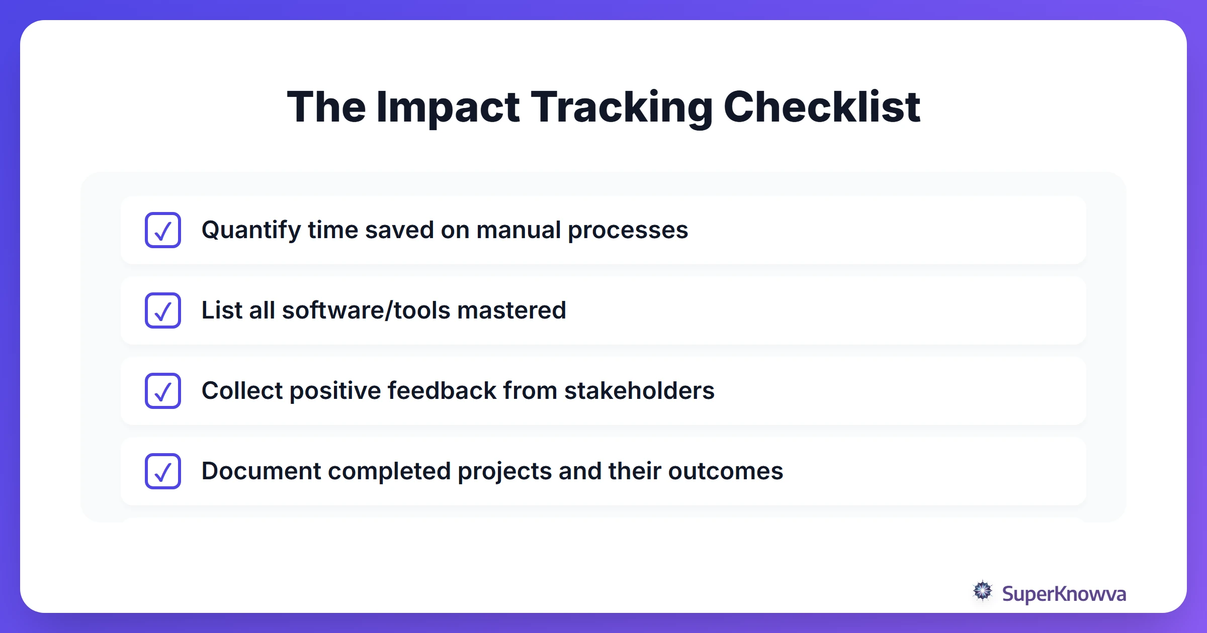 A checklist for interns to track their impact and achievements.