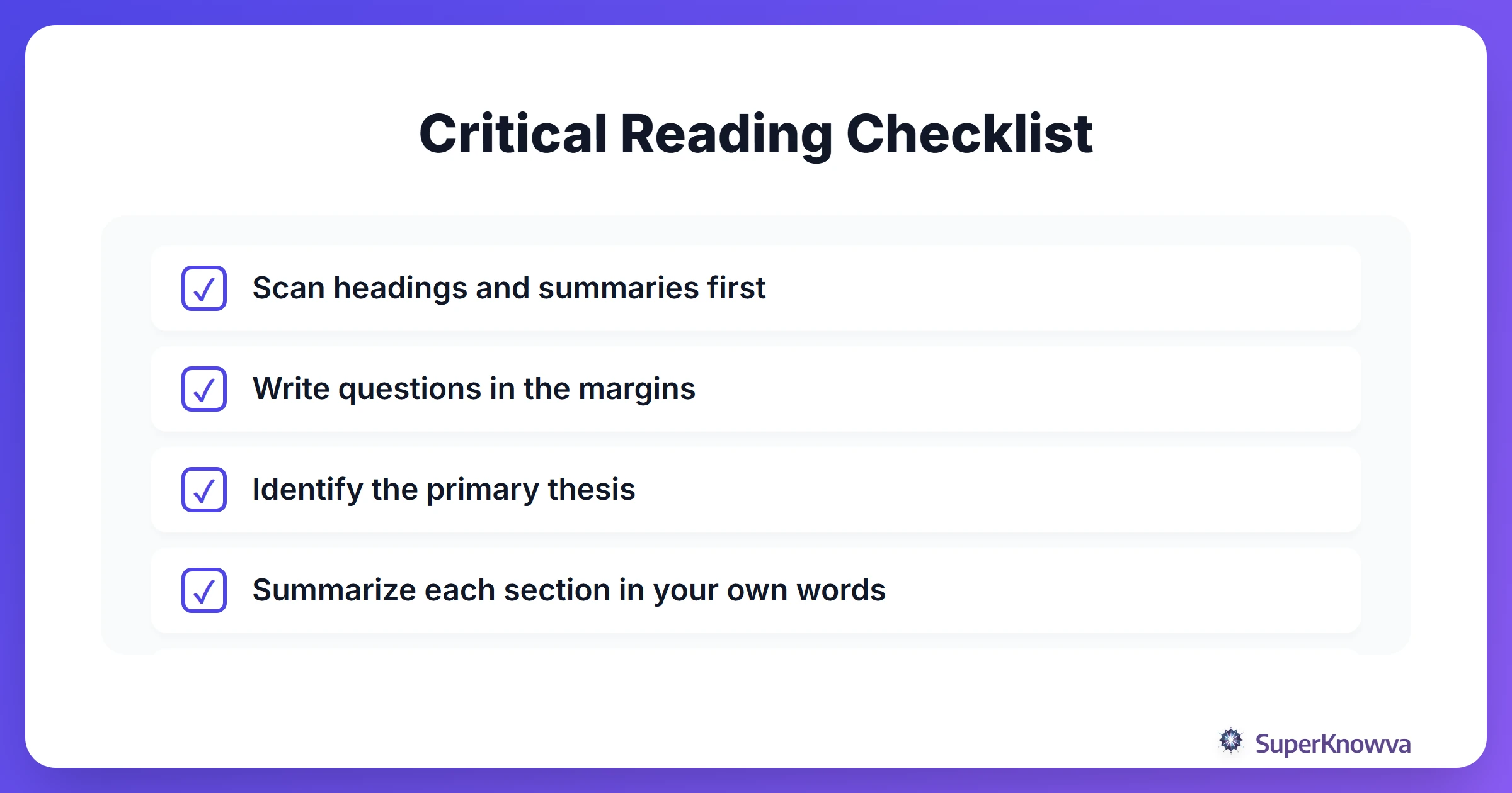 A checklist for effective college-level reading strategies.