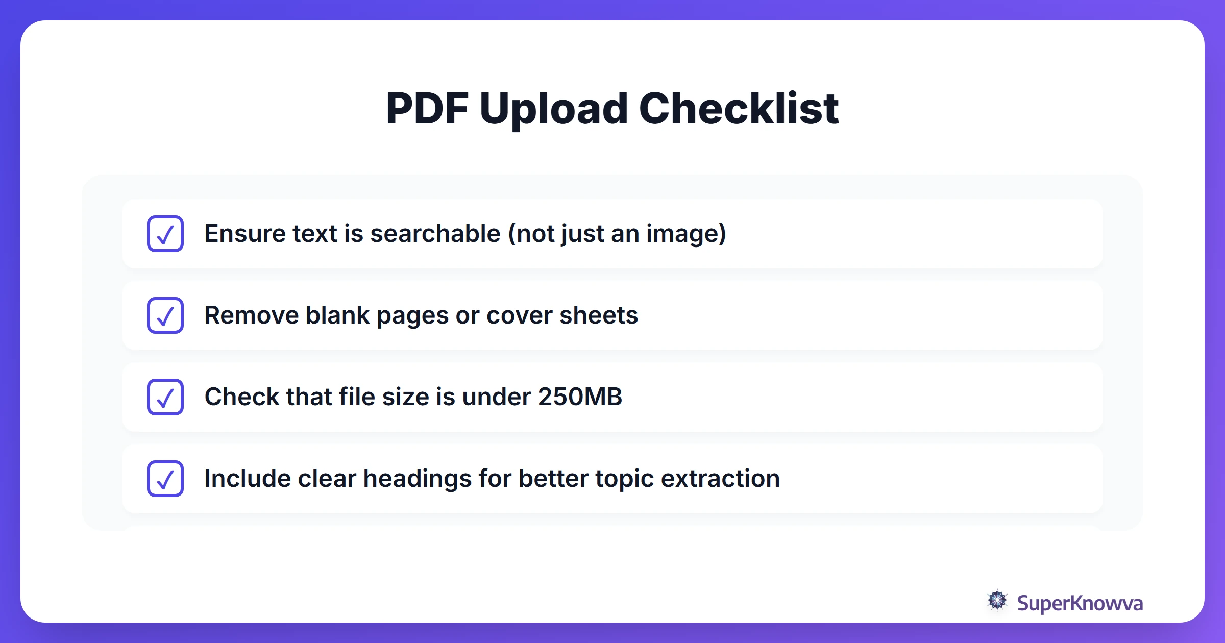 A checklist for students to ensure their PDFs are ready for AI processing.