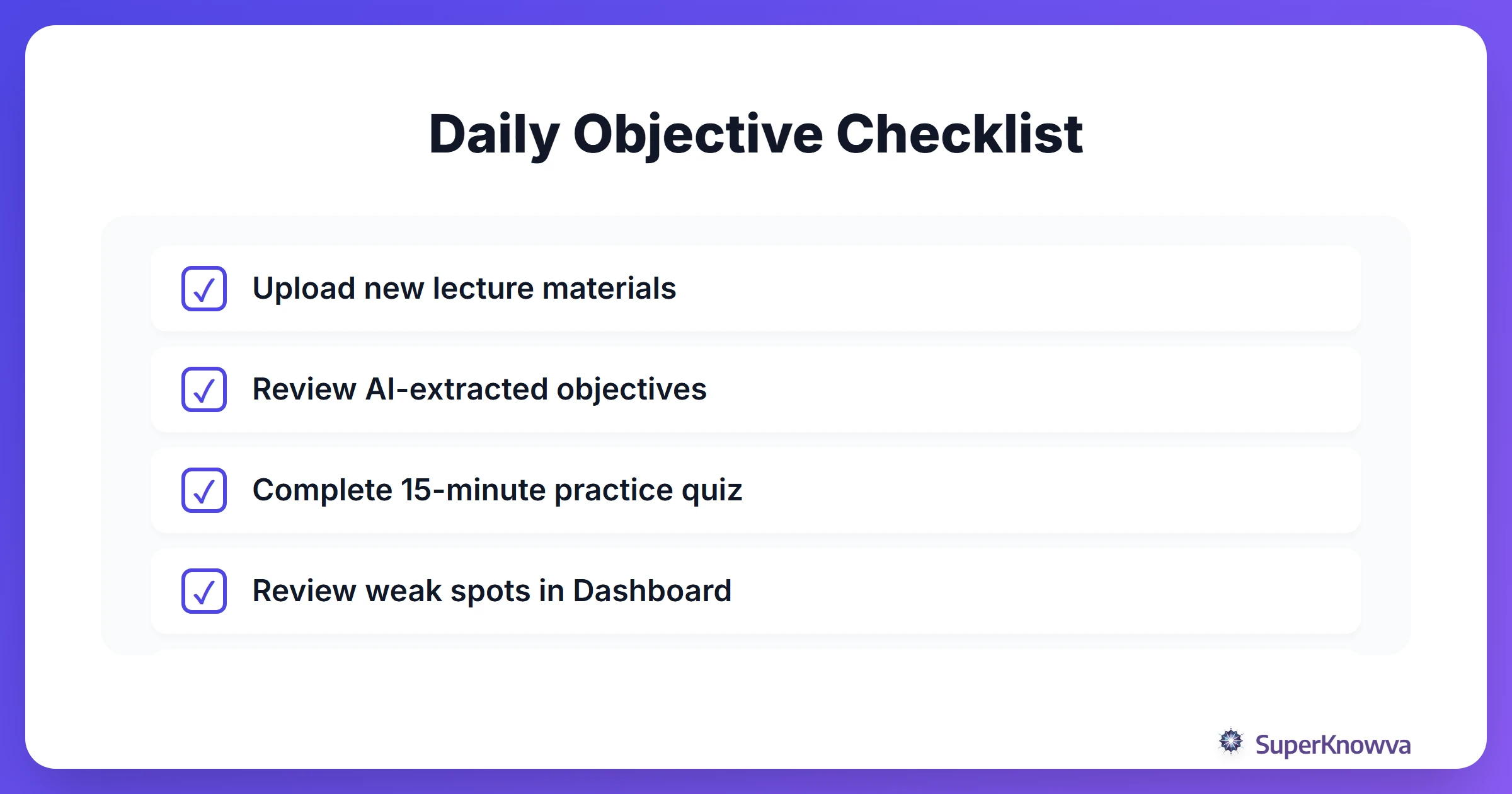 A checklist for a productive daily study session with SuperKnowva.