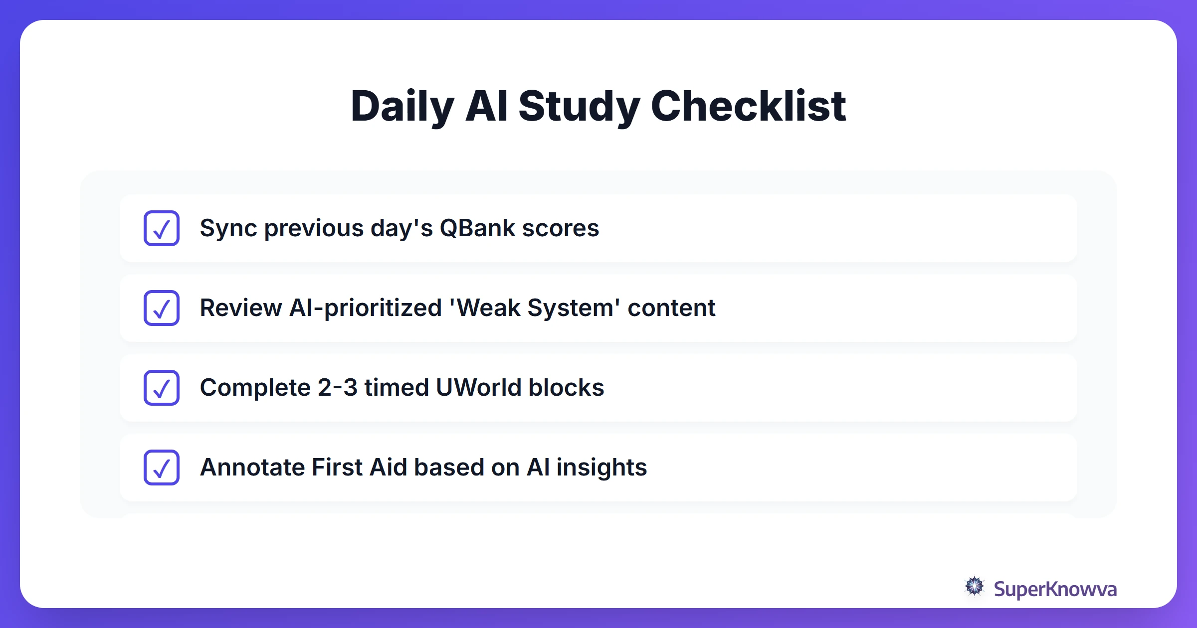 Checklist for a successful daily AI-powered study session.
