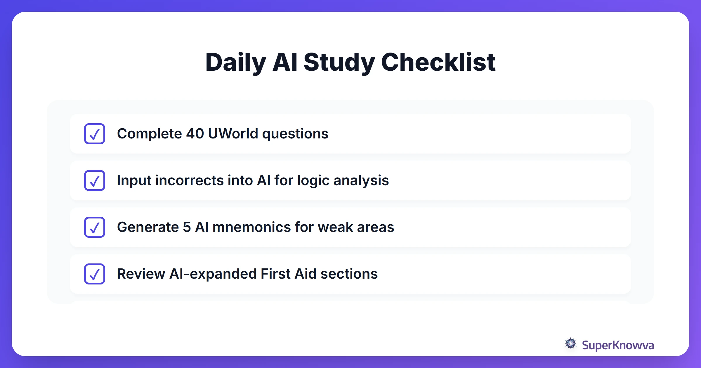 A checklist for a daily AI-integrated Step 1 study routine.