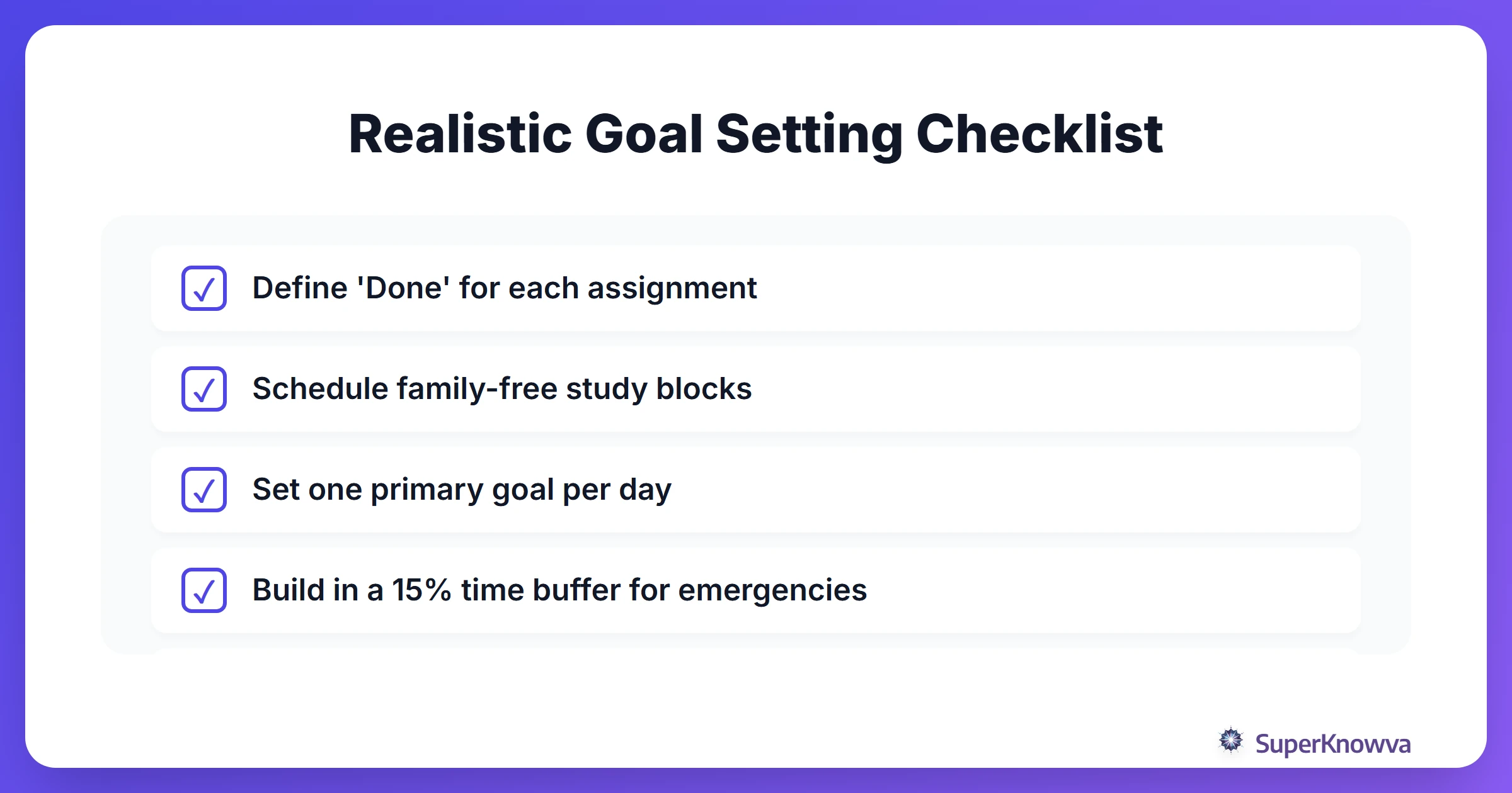 Checklist for setting realistic goals as a student professional.